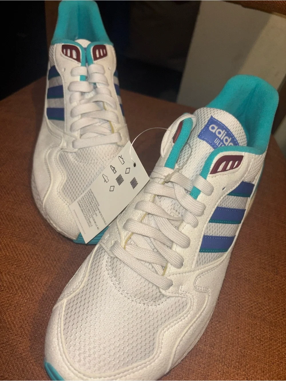adidas White Sneakers with Teal & Blue Stripes